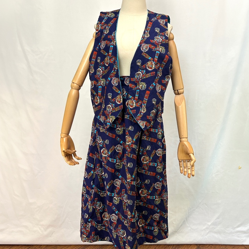 Handmade Vintage Navy Two Piece Vest + Wrap Skirt Native American Theme